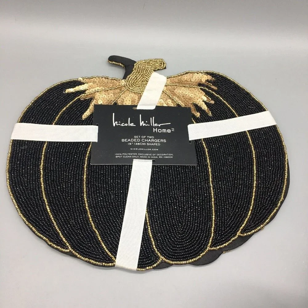 x4 Nicole Miller Halloween Beaded Pumpkin Placemat Set Black Gold Designer Decor